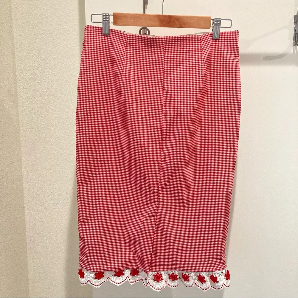 New York and Company red and white gingham midi pencil skirt lace trim - Picture 2 of 11